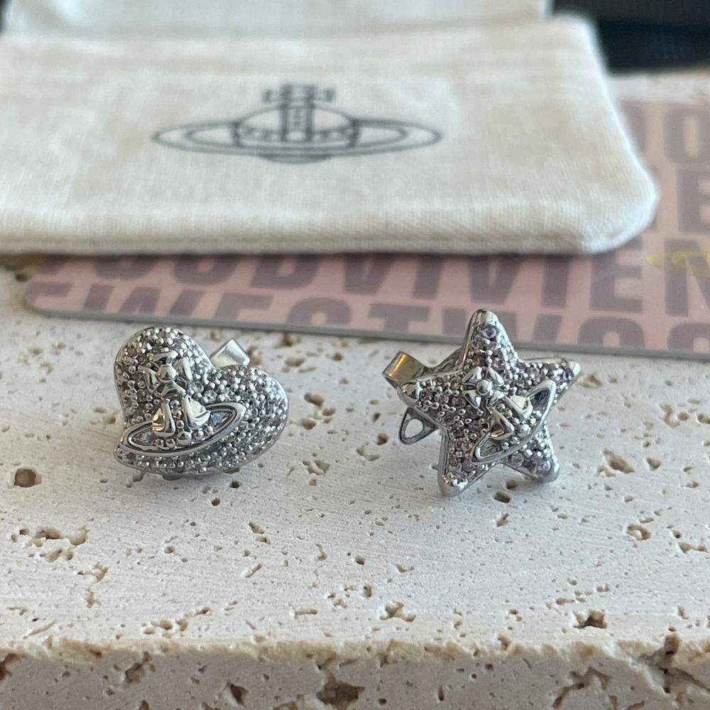 Vivienne Westwood Heart Star Stud Earrings Silver Crystal Designer Jewelry 150$